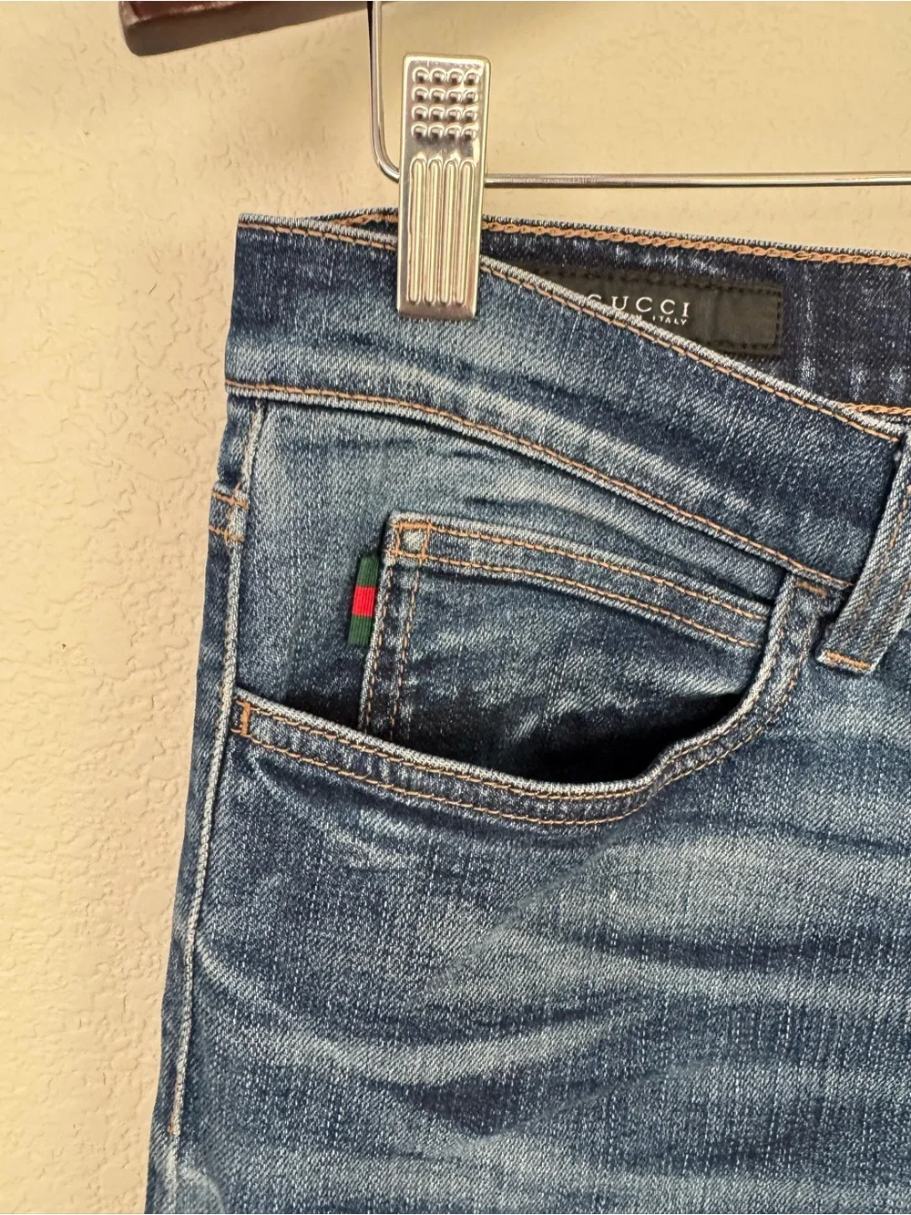 Gucci Men's Blue Web Pocket Skinny Jeans IT 46 Medium Wash Made in Italy Gucci
